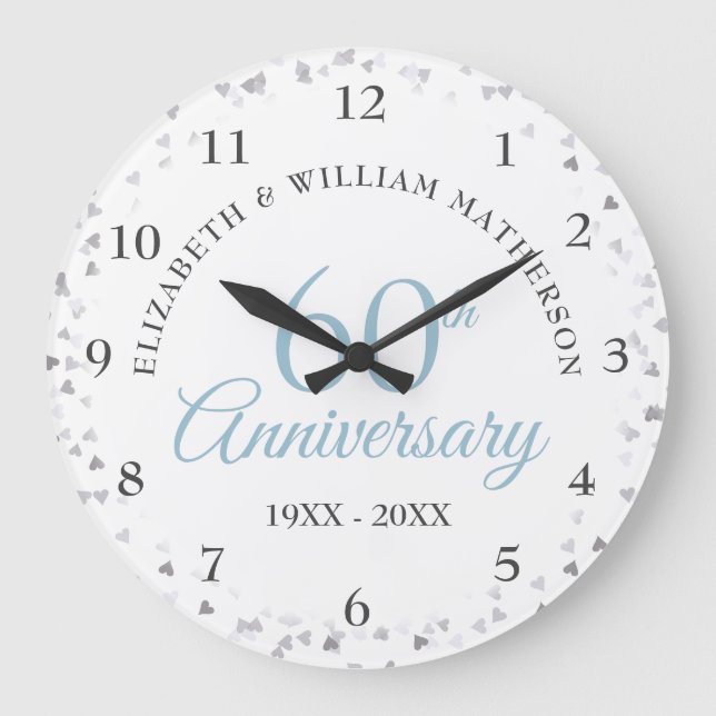60th Anniversary Love Hearts Confetti Large Clock (Front)