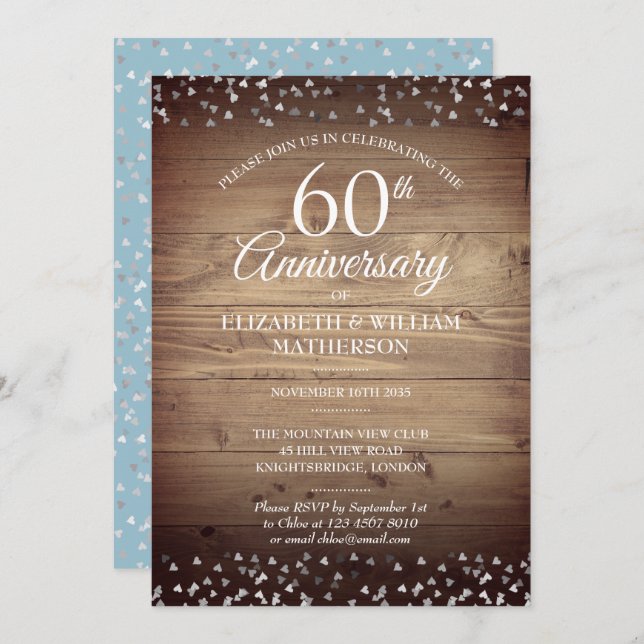60th Anniversary Love Hearts Confetti Rustic Wood Invitation (Front/Back)