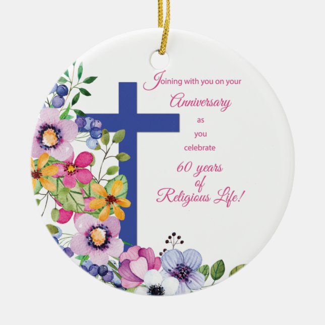 60th Anniversary, Nun, Religious Life Cross Ceramic Tree Decoration (Front)