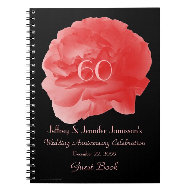 60th Anniversary Party Guest Book, Coral Pink Rose Spiral Notebook (Front)