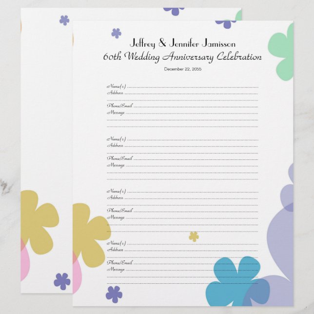 60th Anniversary Party Guest Book Sign-In Page (Front/Back)