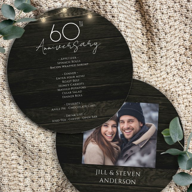 60th Anniversary Party Rustic Wood Lights Menu (Creator Uploaded)