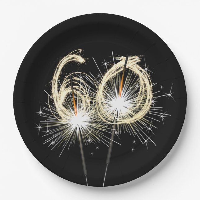 60th Anniversary Party Sparklers on Black   Paper Plate (Front)