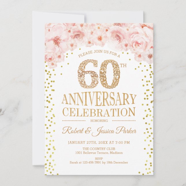 60th Anniversary Party - White Gold Invitation (Front)