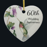 60th Anniversary Pretty Bird Flowers Heart Ceramic Tree Decoration<br><div class="desc">Celebrate the 60th anniversary for a special couple with a pretty hummingbird and flower design on heart ornament. The stylish colours of cream,  pink grey and teal green were created from my original watercolor painting. Personalise the back of the heart for the milestone celebration.</div>