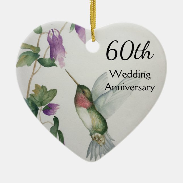 60th Anniversary Pretty Bird Flowers Heart Ceramic Tree Decoration (Front)