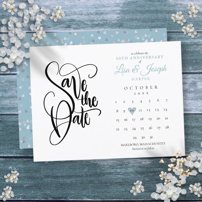 60th Anniversary Save the Date Heart Calendar Announcement Postcard (60th Anniversary Save the Date Heart Calendar Announcement Postcard)