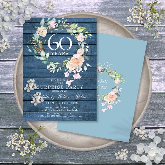 60th Anniversary Surprise Party Floral Blue Rustic Invitation (60th Anniversary Surprise Party Floral Blue Rustic Invitation)