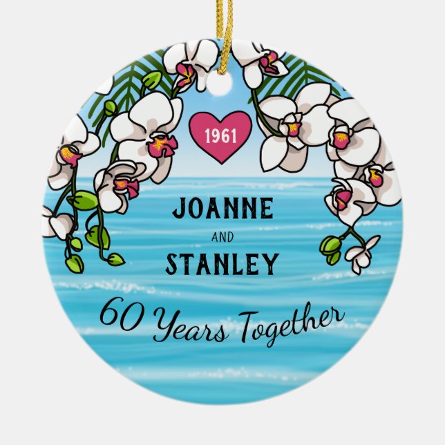 60th Anniversary Tropical Beach Orchids Ceramic Tree Decoration (Front)