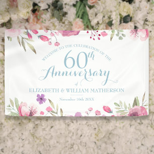 60th Anniversary Watercolor Roses Floral Welcome Banner