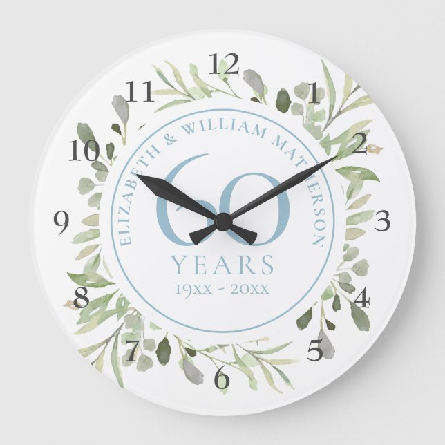 60th Anniversary Watercolour Greenery Floral Large Clock (Front)
