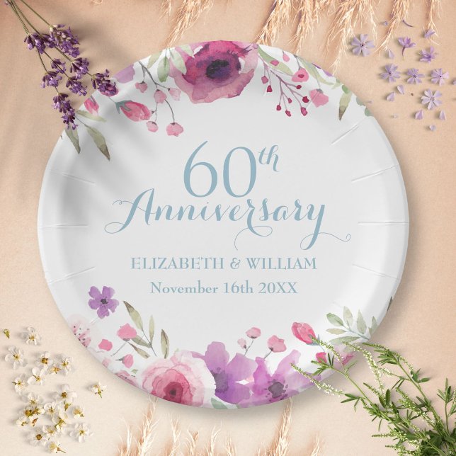 60th Anniversary Watercolour Roses Greenery Paper Plate (60th Anniversary Watercolour Roses Greenery Paper Plates)