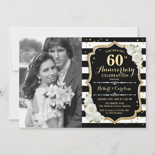 60th Anniversary with Photo - Gold Black Invitation (Front)