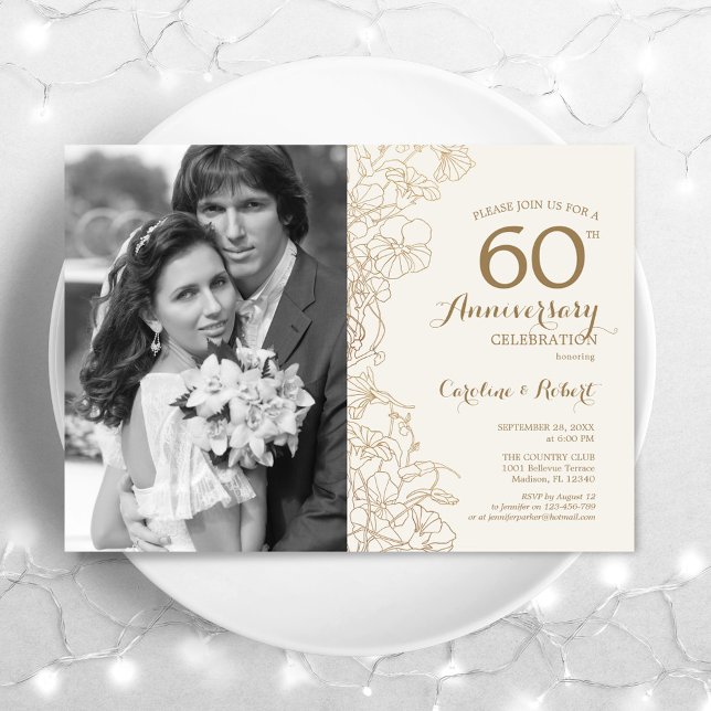 60th Anniversary With Photo - Ivory Gold Floral Invitation (Creator Uploaded)