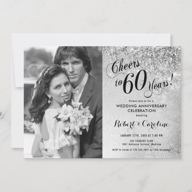 60th Anniversary with Photo - Silver Invitation (Front)