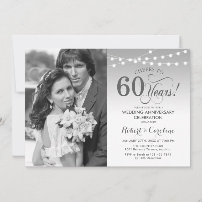 60th Anniversary with Photo - Silver White Invitation (Front)