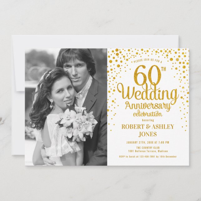 60th Anniversary with Photo - White Gold Invitation (Front)