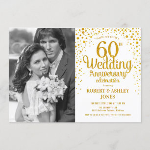 60th Anniversary with Photo - White Gold Invitation