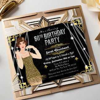 60th Birthday 1920s Gatsby Flapper Girl Birthday Invitation