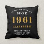 60th Birthday 1961 Black Gold lady's Personalised Cushion<br><div class="desc">A personalised classic throw pillow design for that birthday celebration for special woman born in 1961 and turning 60. Add the name to this vintage retro style black, white and gold design for a custom 60th birthday gift. Easily edit the name and year with the template provided. A wonderful custom...</div>