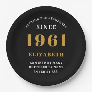 60th Birthday 1961 Black Gold lady's Personalised Paper Plate
