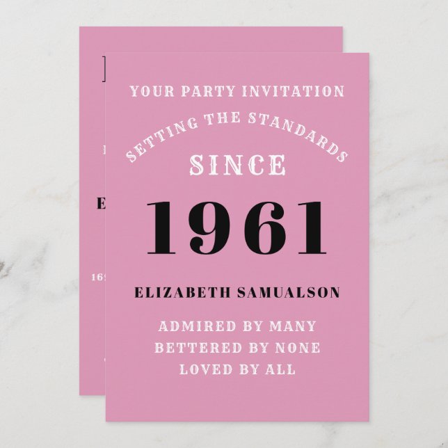 60th Birthday 1961 Black Pink Personalised For Her Invitation (Front/Back)