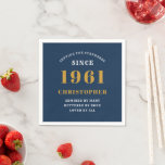 60th Birthday 1961 Blue Gold For Him Personalised Napkin<br><div class="desc">A personalised classic paper napkin design for that birthday celebration for a special person born in 1961 and turning 60. Add the name to this vintage retro style blue, white and gold design for a custom 60th birthday gift. Easily edit the name and year with the template provided. A wonderful...</div>