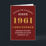 60th Birthday 1961 Red Gold Men's Personalised Card<br><div class="desc">Easily customise the text to the front and the interior of this 60th birthday card using the template provided. Part of the setting standards range of greeting cards.</div>