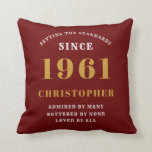 60th Birthday 1961 Red Gold Men's Personalised Cushion<br><div class="desc">A personalised classic throw pillow design for that birthday celebration for special man born in 1961 and turning 60. Add the name to this vintage retro style red, white and gold design for a custom 60th birthday gift. Easily edit the name and year with the template provided. A wonderful custom...</div>