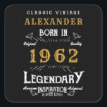 60th Birthday 1962 Add Name Legendary Black Gold Square Sticker<br><div class="desc">For those celebrating their birthday we have the ideal birthday stickers. The black background with a white and gold design is simple and yet elegant with a retro feel. Easily customise the text of this birthday using the template provided. More gifts and party supplies available with the "Legendary" design in...</div>