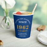 60th Birthday 1962 Elegant Blue Gold Chic Paper Cups<br><div class="desc">A wonderful birthday gold design on party paper cups for that special celebration. Easily customise the text using the template provided. Part of the setting standards range of birthday supplies.</div>