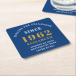 60th Birthday 1962 Elegant Blue Gold Chic Square Paper Coaster<br><div class="desc">A wonderful birthday gold design on on party drinks coasters for that special celebration. Easily customise the text using the template provided. Part of the setting standards range of birthday supplies.</div>