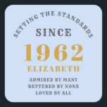 60th Birthday 1962 Elegant Blue Gold Grey Square Sticker<br><div class="desc">A wonderful birthday gold design on stickers for that special celebration. Easily customise the text using the template provided. Part of the setting standards range of birthday supplies.</div>