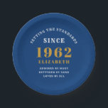 60th Birthday 1962 Elegant Chic Gold Blue Paper Plate<br><div class="desc">A wonderful birthday gold design on paper plates for that special celebration. Easily customise the text using the template provided. Part of the setting standards range of birthday supplies.</div>