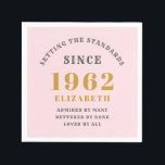 60th Birthday 1962 Elegant Gold Pink Grey Napkin<br><div class="desc">A wonderful birthday gold design on paper party napkins for that special celebration. Easily customise the text using the template provided. Part of the setting standards range of birthday supplies.</div>