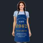 60th Birthday 1962 Elegant White Blue Gold Apron<br><div class="desc">A wonderful birthday gold design on an apron for that special celebration. Easily customise the text using the template provided. Part of the setting standards range of birthday supplies.</div>