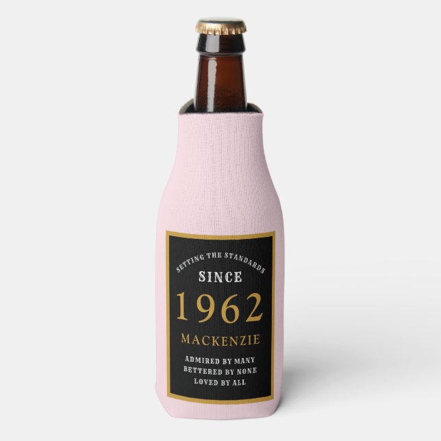60th Birthday 1962 Name Elegant Black Gold Pink Bottle Cooler (Bottle Front)