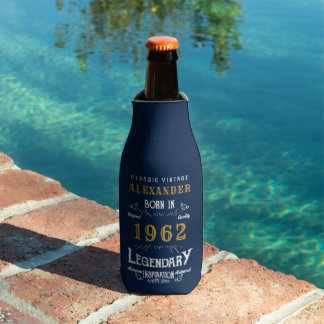 60th Birthday 1962 Vintage Blue Gold Add Name Bottle Cooler