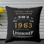 60th Birthday 1963 Add Name Black Gold Legend Cushion<br><div class="desc">For those celebrating their birthday we have the ideal home decoration accessory. The black background with a white and gold vintage typography design design is simple and yet elegant with a retro feel. Easily customise the text of this birthday gift using the template provided. More gifts and party supplies available...</div>