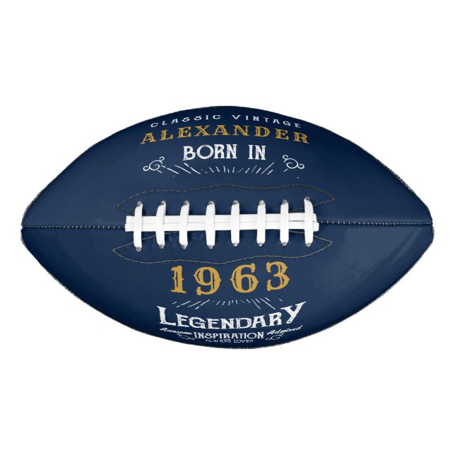 60th Birthday 1963 Add Name Legend Blue Gold Football (Front)