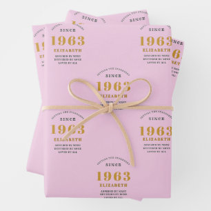 60th Birthday 1963 Add Name Pink Grey Wrapping Paper Sheet