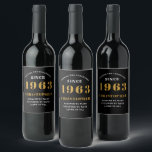 60th Birthday 1963 Black Gold Retro Personalised Wine Label<br><div class="desc">A personalised classic label design for that birthday celebration for a special person born in 1963 and turning 60. Add the name to this vintage retro style black, white and gold design for a custom 60th birthday gift. Easily edit the name and year with the template provided. A wonderful custom...</div>