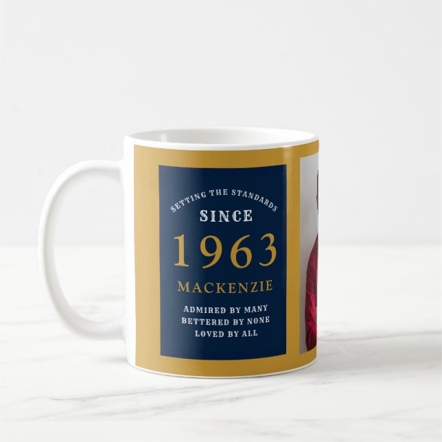 60th Birthday 1963 Blue Gold Add Name Photo Coffee Mug (Left)