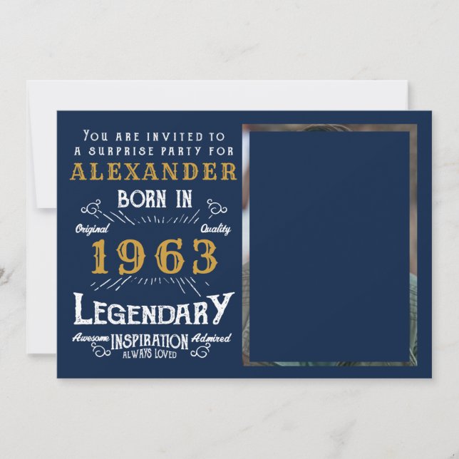 60th Birthday 1963 Legend Retro Blue Gold Invitation (Front)