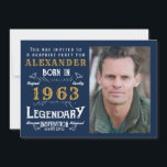 60th Birthday 1963 Legend Retro Blue Gold Invitation<br><div class="desc">For those celebrating their birthday we have the ideal birthday party invitation with a vintage feel. The blue background with a white and gold vintage typography design design is simple and yet elegant with a retro feel. Easily customise the text of this birthday gift using the template provided. Search in...</div>