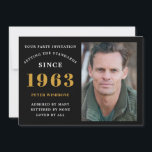 60th Birthday 1963 Name Photo Black Gold Invitation<br><div class="desc">For those celebrating their birthday we have the ideal birthday party invitation with the opportunity to add a photo. The black background with a white and gold typography design design is simple and yet elegant. Easily customise the text of this birthday gift using the template provided. Search in store for...</div>