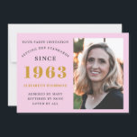 60th Birthday 1963 Name Photo Pink Grey Invitation<br><div class="desc">For those celebrating their birthday we have the ideal birthday party invitation with the opportunity to add a photo. The pink background with a grey and gold typography design design is simple and yet elegant. Easily customise the text of this birthday gift using the template provided. Search in store for...</div>