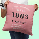 60th Birthday 1963 Pink Girly Elegant Chic Cushion<br><div class="desc">Perfect for celebrating a special someone's 60th birthday, this chic and elegant pink and grey custom throw pillow is a unique and personalised gift that they'll treasure forever. Printed with the year 1963, this beautiful pillow is sure to add a touch of glamour to any room. Whether it's used as...</div>
