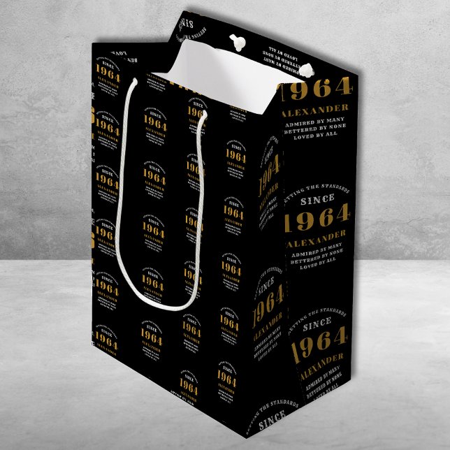 60th Birthday 1964 Black Gold Chic Elegant Medium Gift Bag (60th Birthday Chic 1964 Themed Black & Gold Elegant Gift Bags)