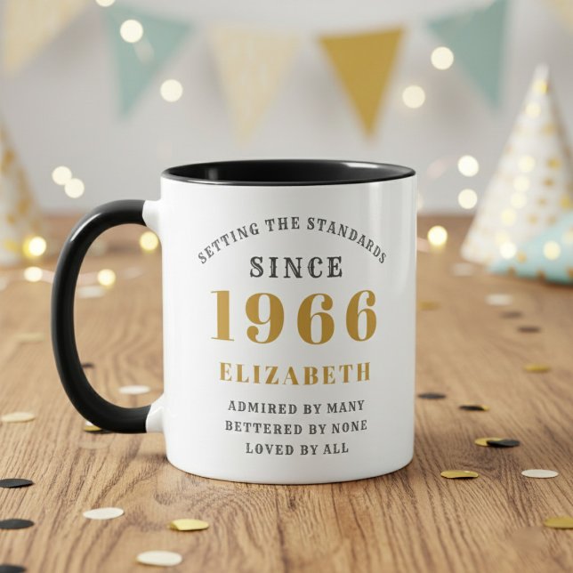 60th Birthday 1966 Add Name Elegant Mug (Born 1966 birthday gift mug. Wood table with out of focus background. )